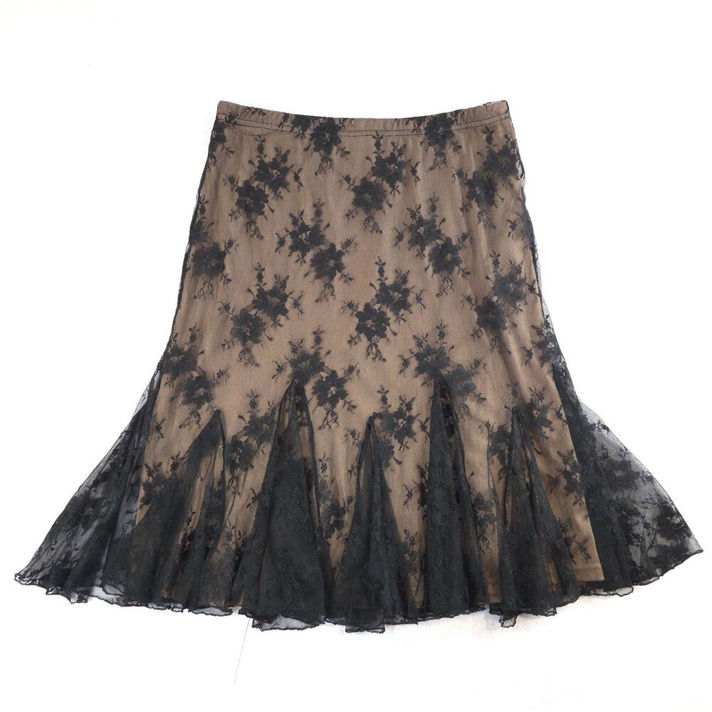Vintage 90s Y2k Black Lace Flared Midi Skirt 16 Whimsigoth Fairy Grunge Festival